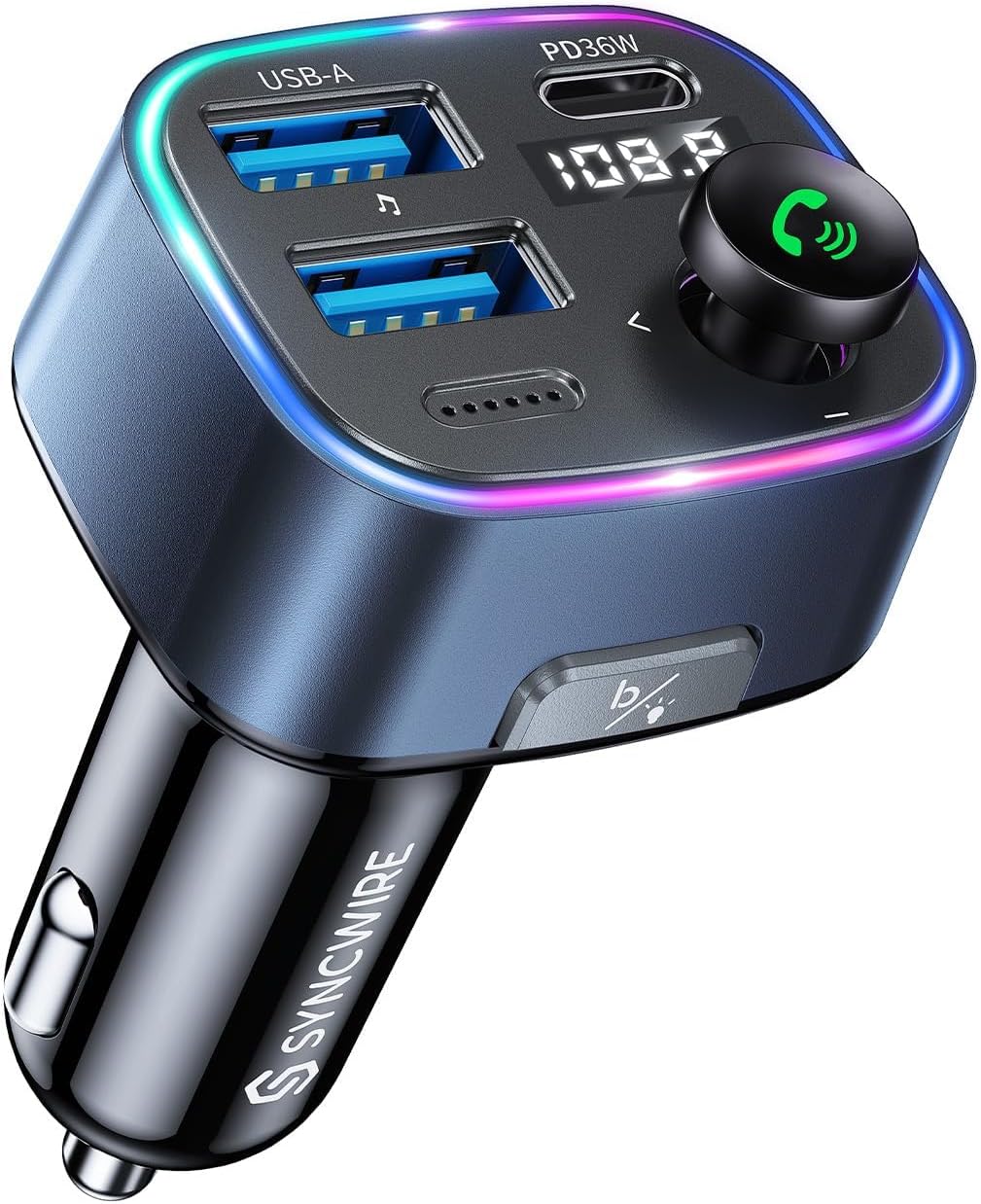 SYNCWIRE Bluetooth 5.4 FM Transmitter for Car, 48W(PD 36W & 12W) USB Charger Car Adapter Wireless Radio Receiver, LED Display, Hands-Free Calls, Support 64GB USB Drive, Blue
