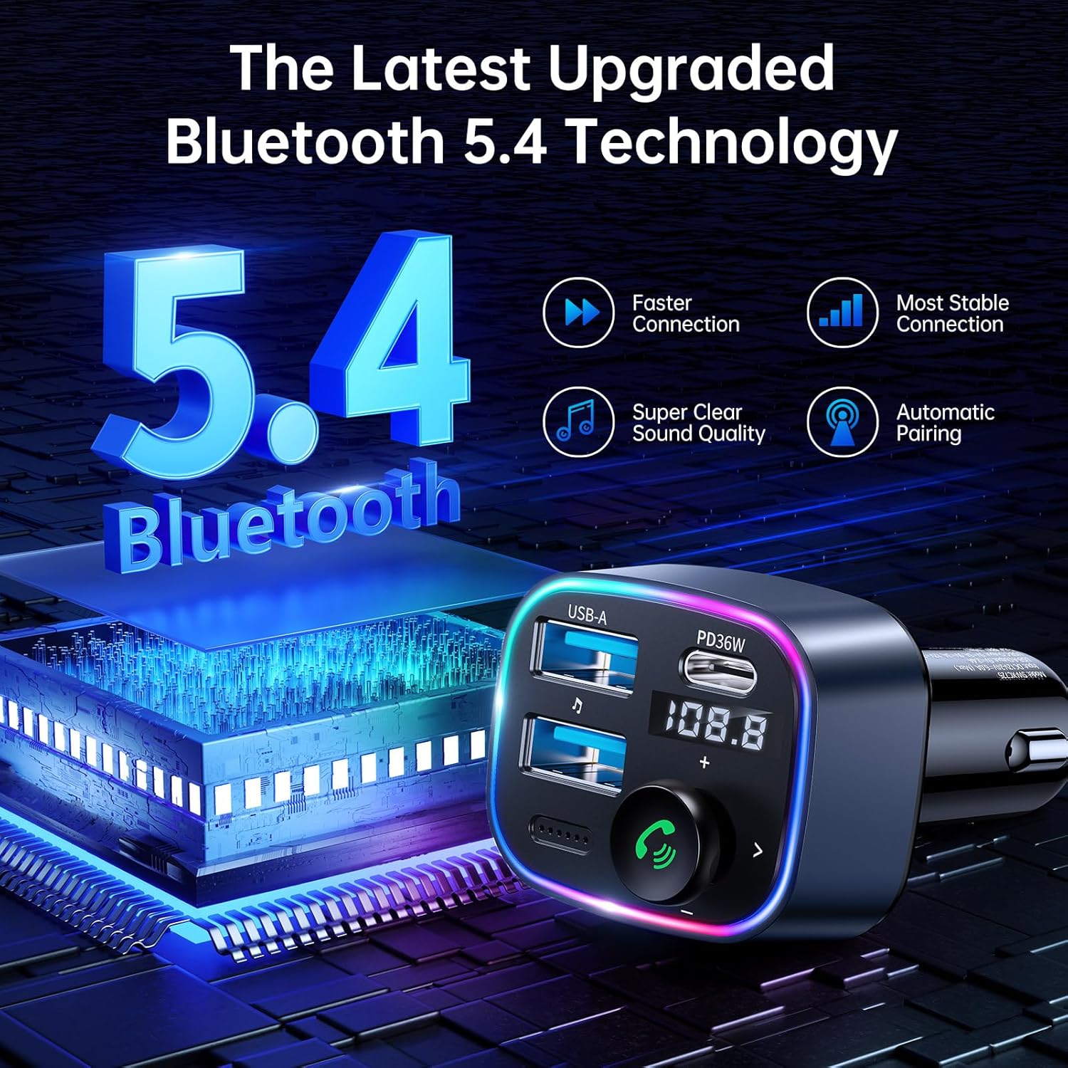 SYNCWIRE Bluetooth 5.4 FM Transmitter for Car, 48W(PD 36W & 12W) USB Charger Car Adapter Wireless Radio Receiver, LED Display, Hands-Free Calls, Support 64GB USB Drive, Blue