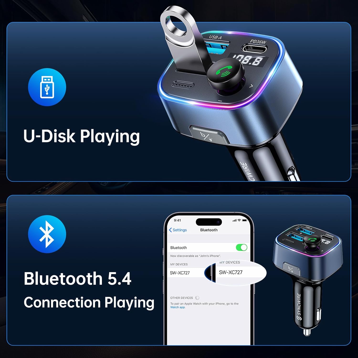 SYNCWIRE Bluetooth 5.4 FM Transmitter for Car, 48W(PD 36W & 12W) USB Charger Car Adapter Wireless Radio Receiver, LED Display, Hands-Free Calls, Support 64GB USB Drive, Blue