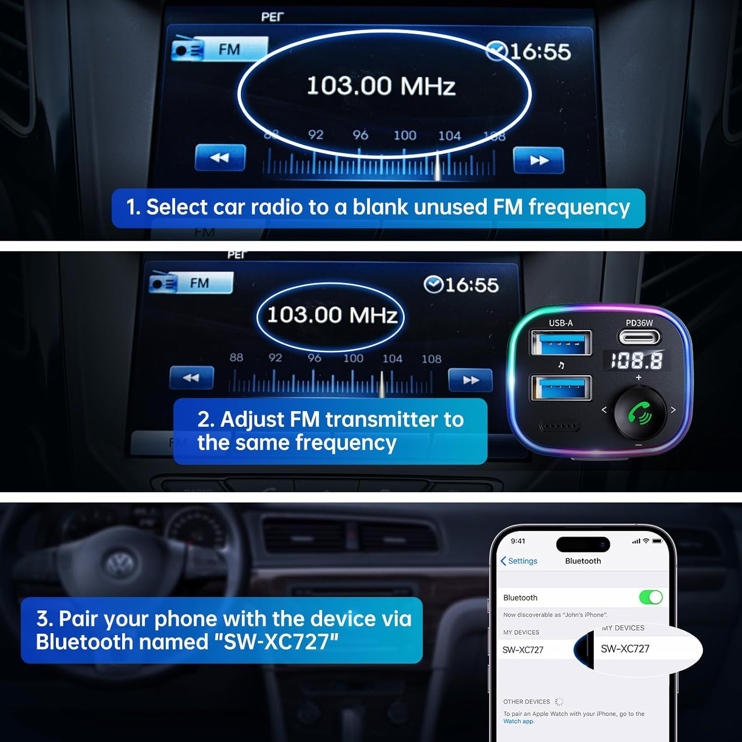 SYNCWIRE Bluetooth 5.4 FM Transmitter for Car, 48W(PD 36W & 12W) USB Charger Car Adapter Wireless Radio Receiver, LED Display, Hands-Free Calls, Support 64GB USB Drive, Blue