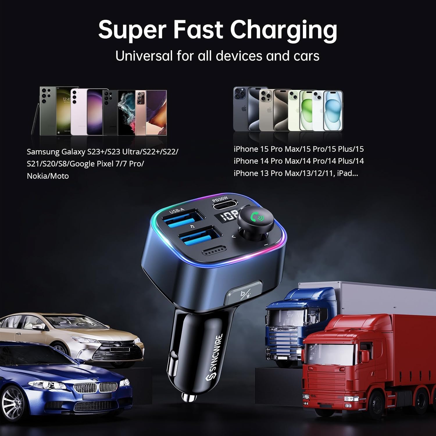 SYNCWIRE Bluetooth 5.4 FM Transmitter for Car, 48W(PD 36W & 12W) USB Charger Car Adapter Wireless Radio Receiver, LED Display, Hands-Free Calls, Support 64GB USB Drive, Blue