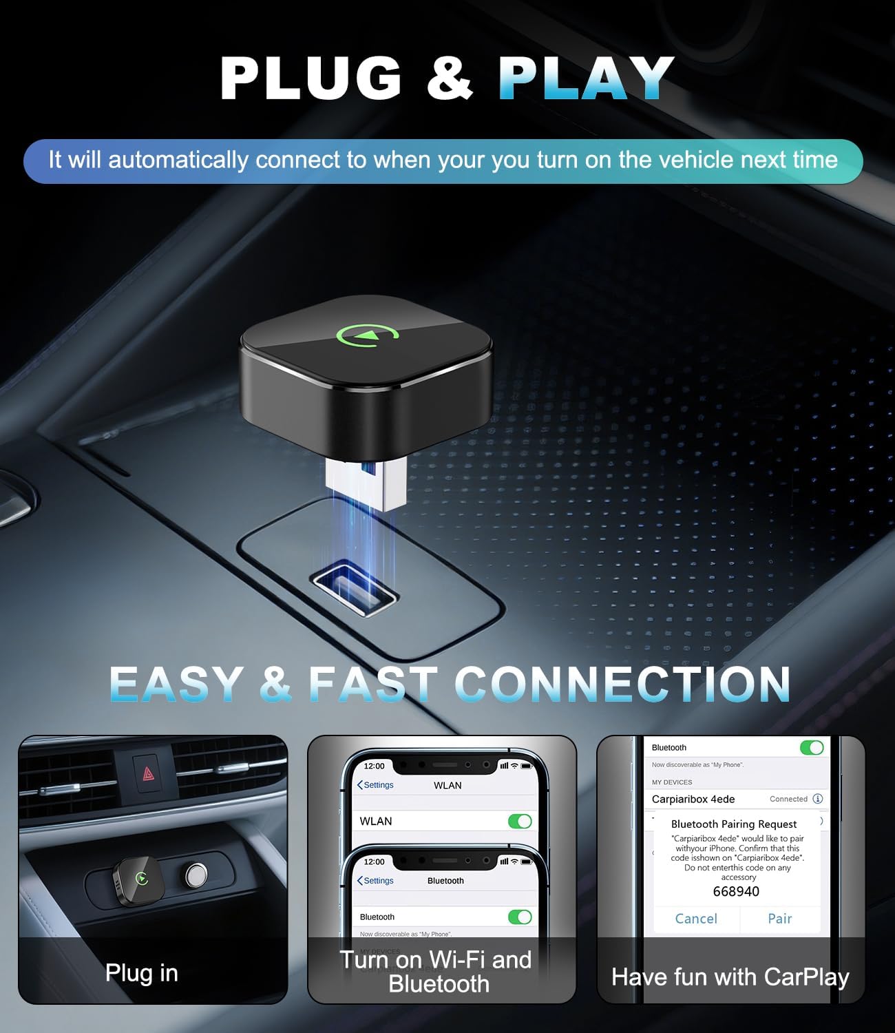 2025 Wireless CarPlay Adapter for Apple, Upgrade Wired to Wireless, Mini USB-C/Type-C Design, Plug and Play, No Delay Bluetooth+WIFI Stable Connection Car Play for iPhone, with Web App and OTA Updates