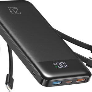 Charmast 20000mAh Power Bank with 4 Built-in Cables, 22.5W Fast Charging Portable Charger for iPhone, Android, iPad, No Extra Cords Needed for Travel, Work, Emergency