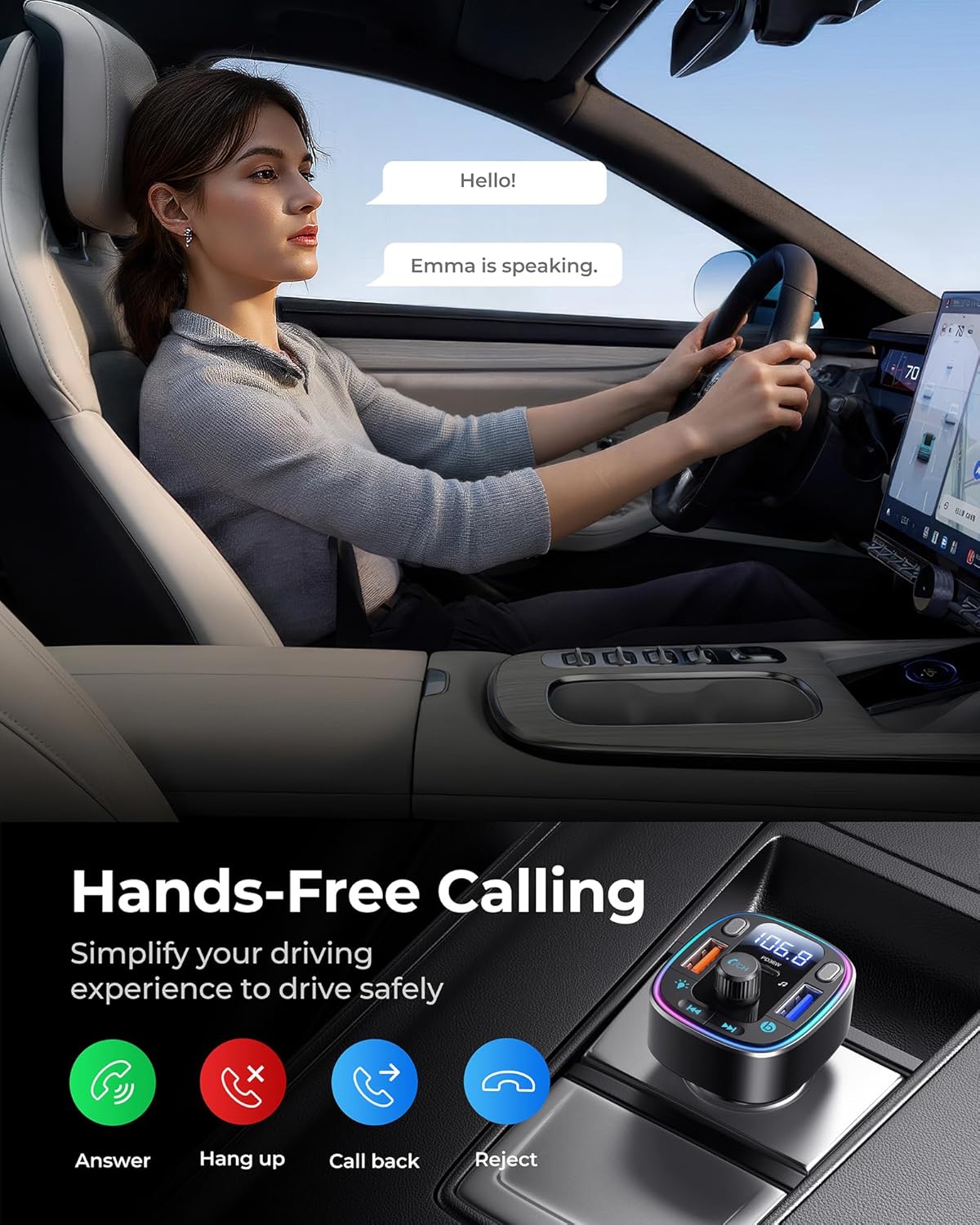 LENCENT FM Transmitter Car Bluetooth 5.4, 54W Car Bluetooth Adapter, Dual USB Ports Quick Charge (PD 36W & QC3.0), Music Adapter, Hands-Free Calls, Dual Microphones & USB Stick