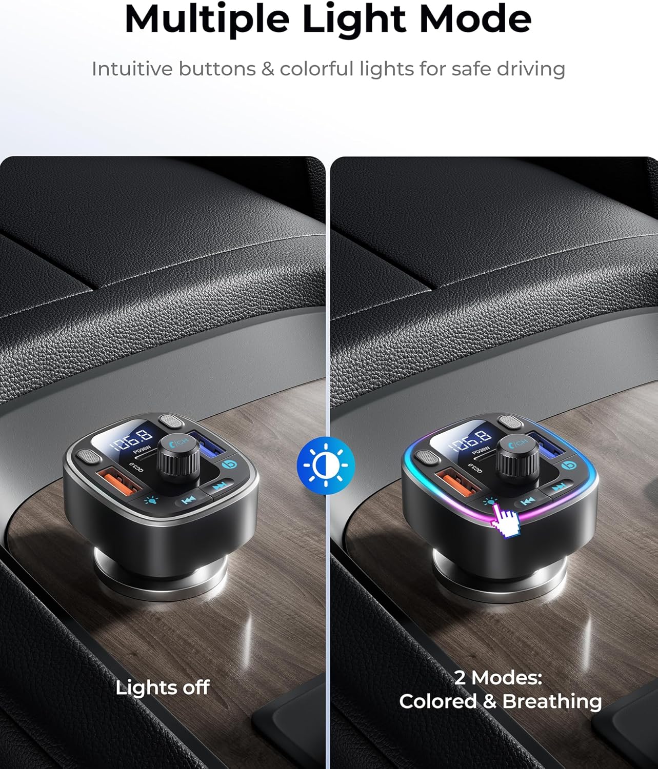 LENCENT FM Transmitter Car Bluetooth 5.4, 54W Car Bluetooth Adapter, Dual USB Ports Quick Charge (PD 36W & QC3.0), Music Adapter, Hands-Free Calls, Dual Microphones & USB Stick