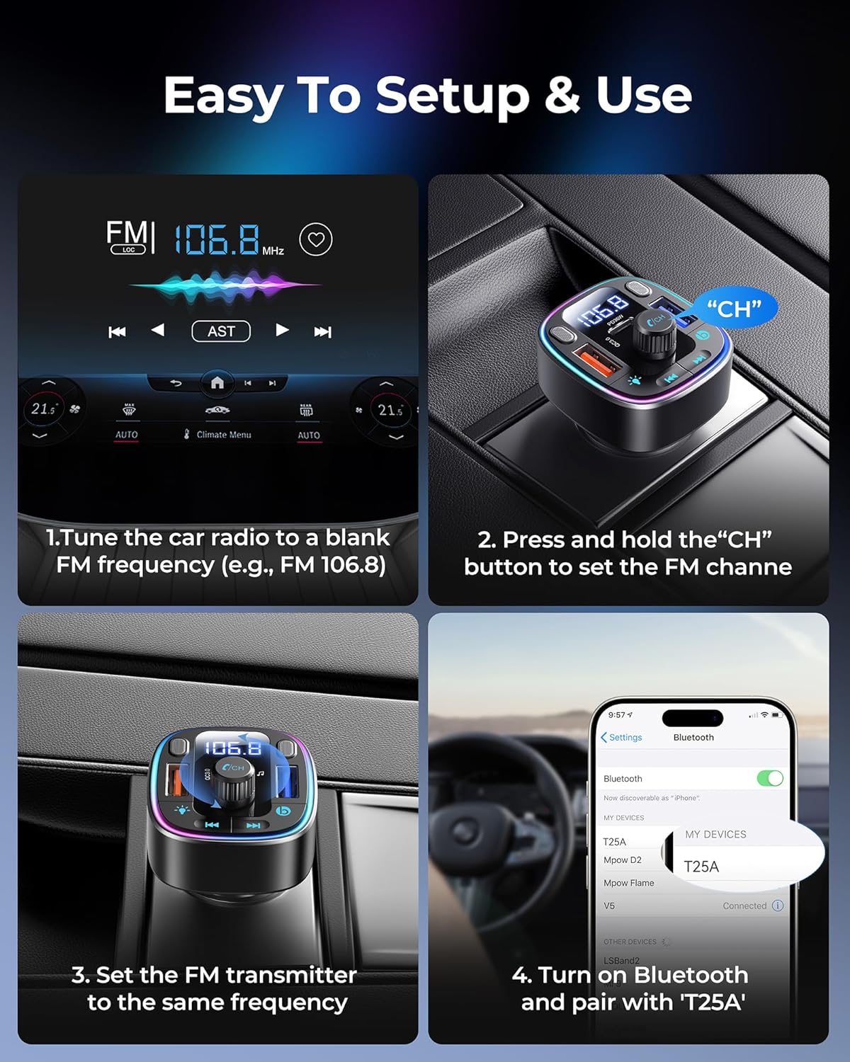 LENCENT FM Transmitter Car Bluetooth 5.4, 54W Car Bluetooth Adapter, Dual USB Ports Quick Charge (PD 36W & QC3.0), Music Adapter, Hands-Free Calls, Dual Microphones & USB Stick