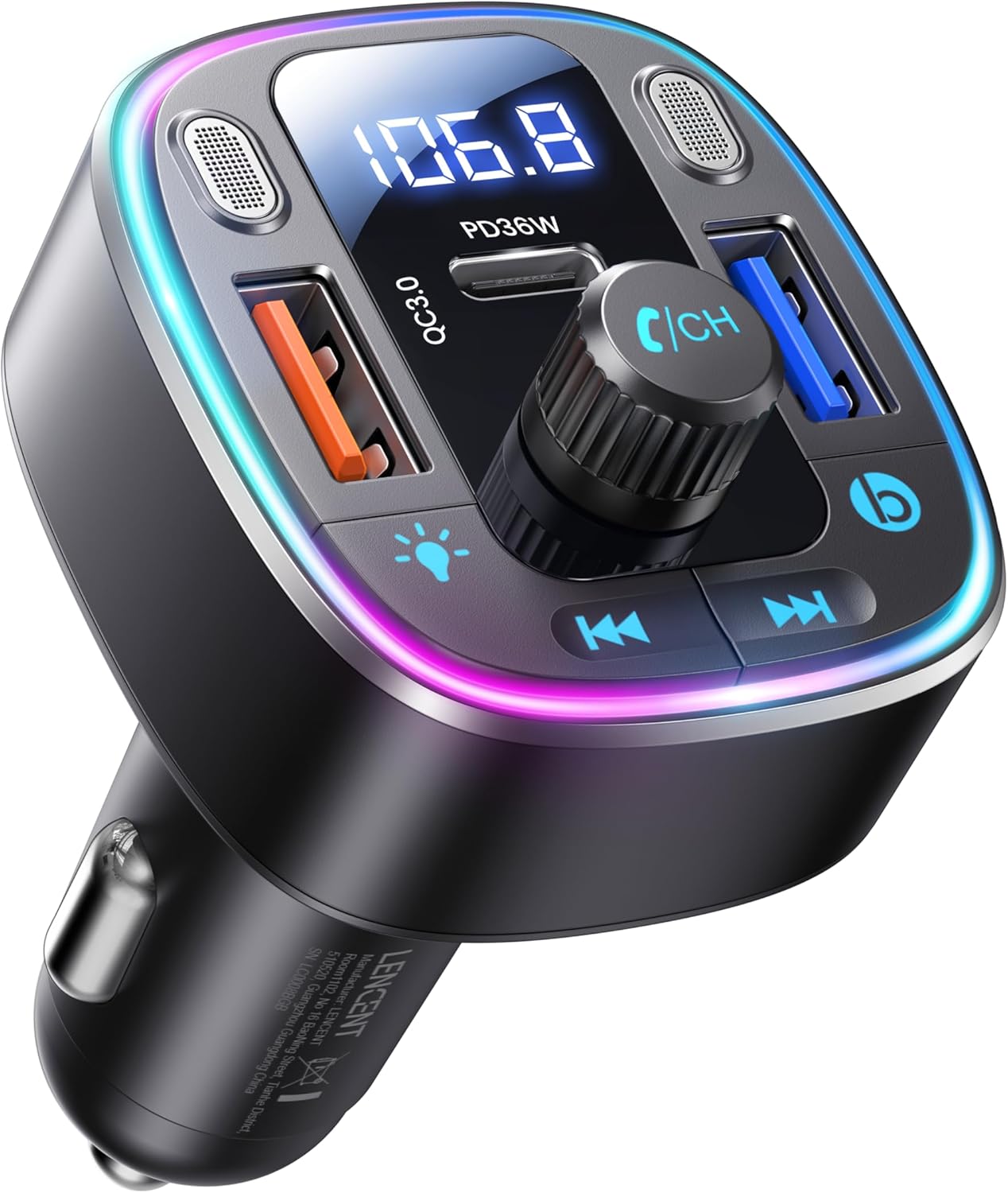 LENCENT FM Transmitter Car Bluetooth 5.4, 54W Car Bluetooth Adapter, Dual USB Ports Quick Charge (PD 36W & QC3.0), Music Adapter, Hands-Free Calls, Dual Microphones & USB Stick
