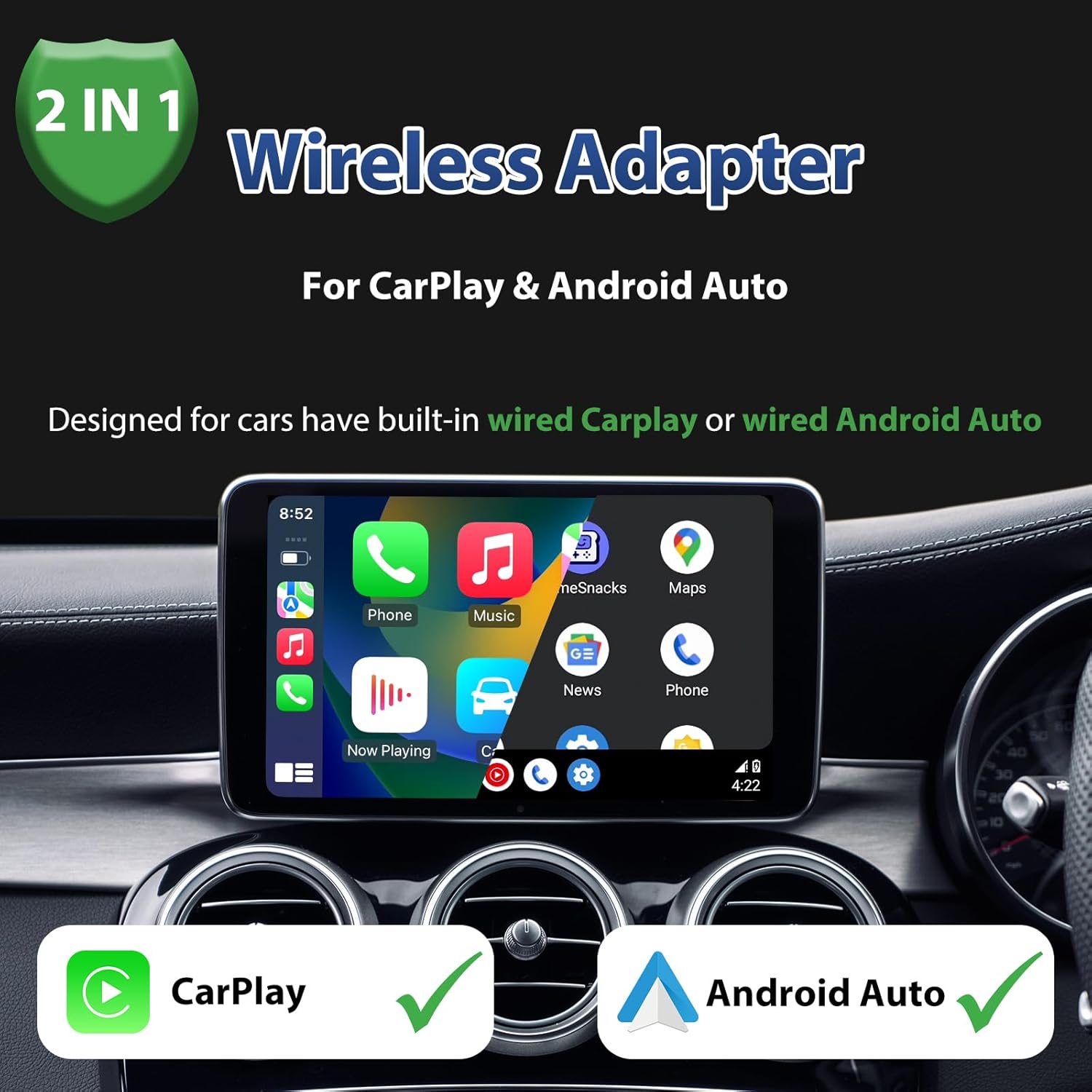 2 in 1 Wireless CarPlay & Android Auto Adapter – Mini Plug & Play USB Dongle, Compatible with Cars from 2016+, Stable Connection, Ultra-Compact Design (Square)