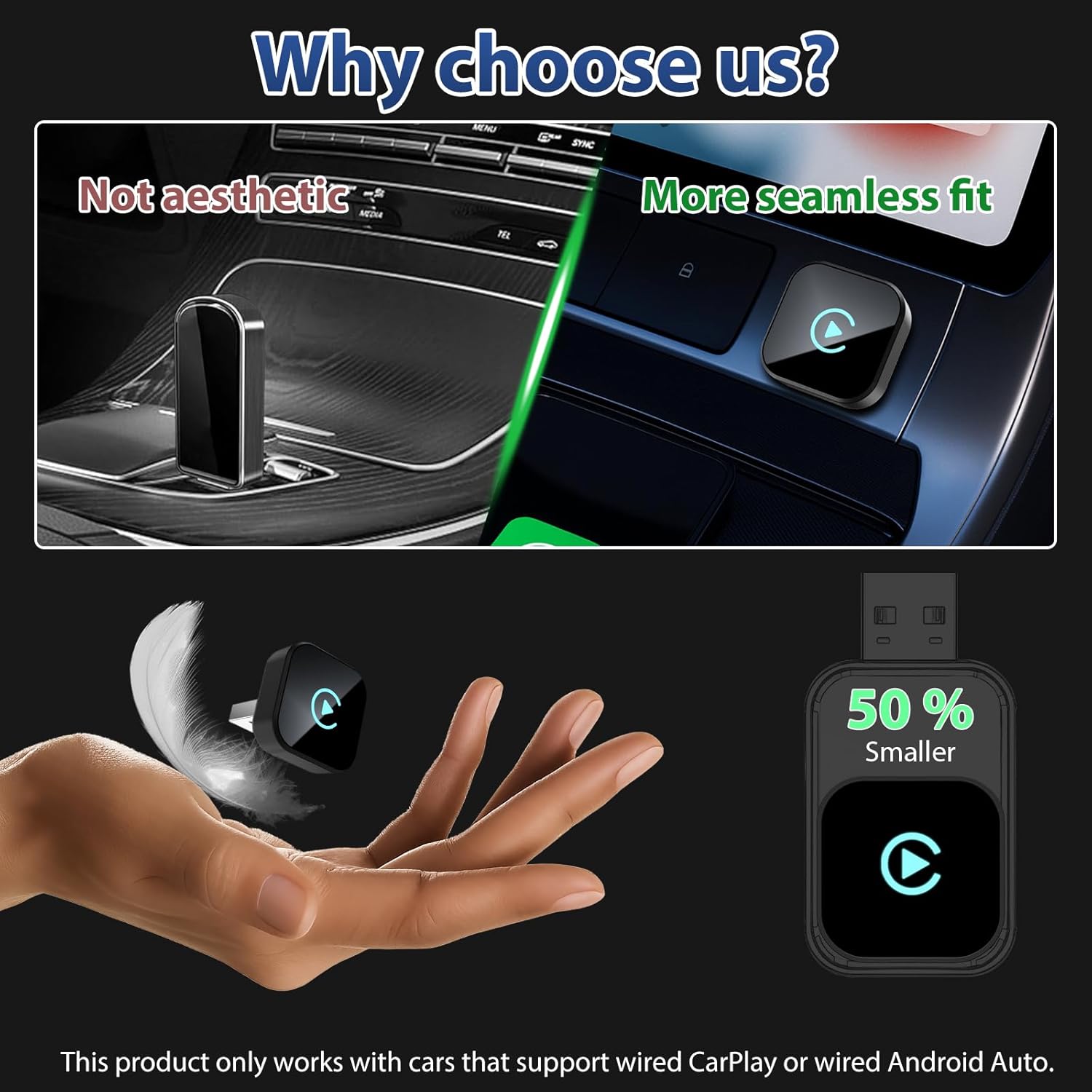 2 in 1 Wireless CarPlay & Android Auto Adapter – Mini Plug & Play USB Dongle, Compatible with Cars from 2016+, Stable Connection, Ultra-Compact Design (Square)