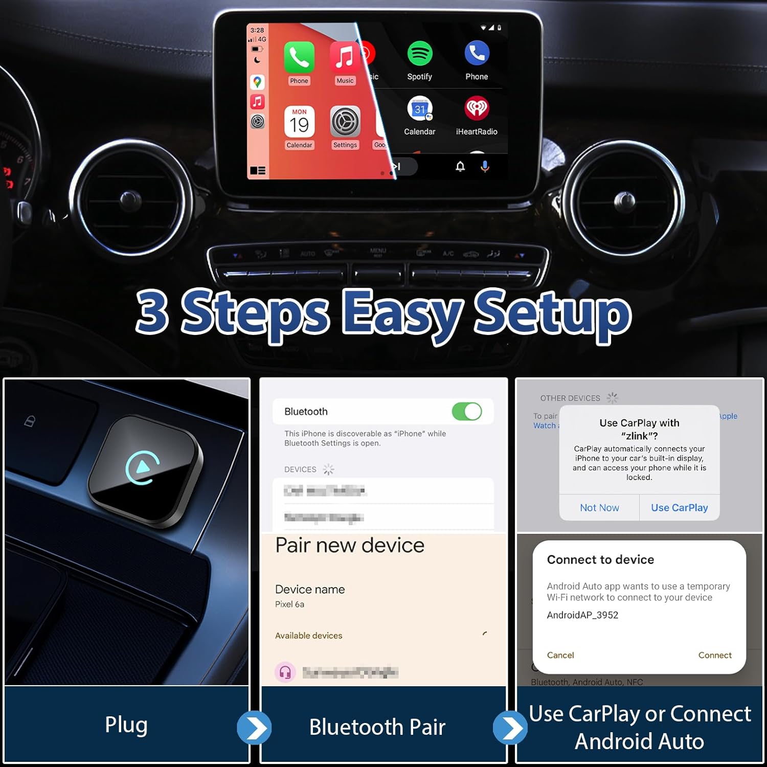 2 in 1 Wireless CarPlay & Android Auto Adapter – Mini Plug & Play USB Dongle, Compatible with Cars from 2016+, Stable Connection, Ultra-Compact Design (Square)